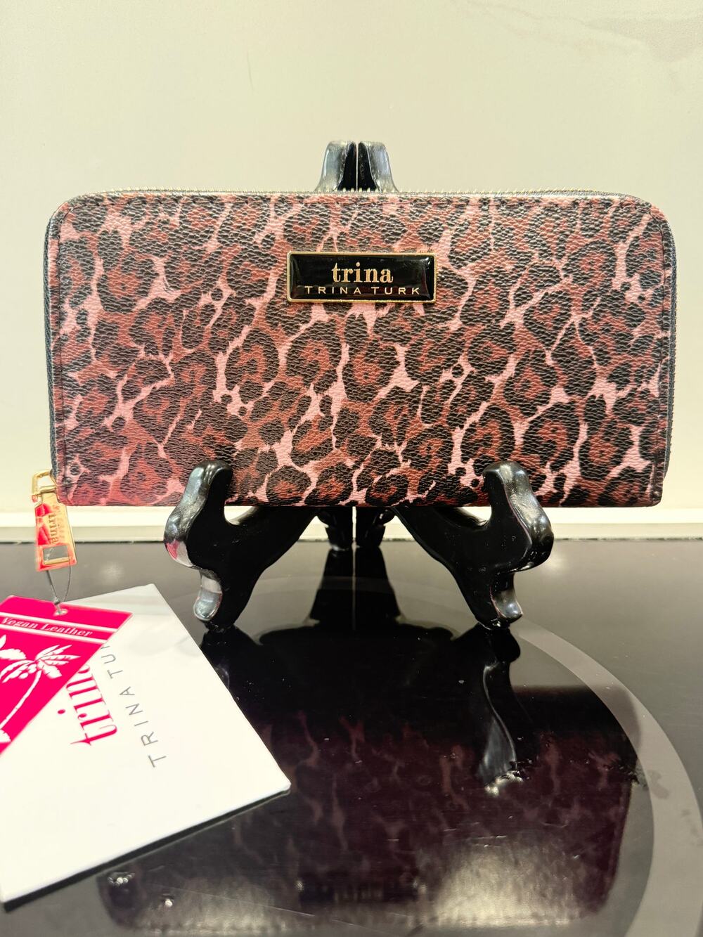 Trina Turk NWT Pink Leopard Print Leather Zip Around Continental Wallet